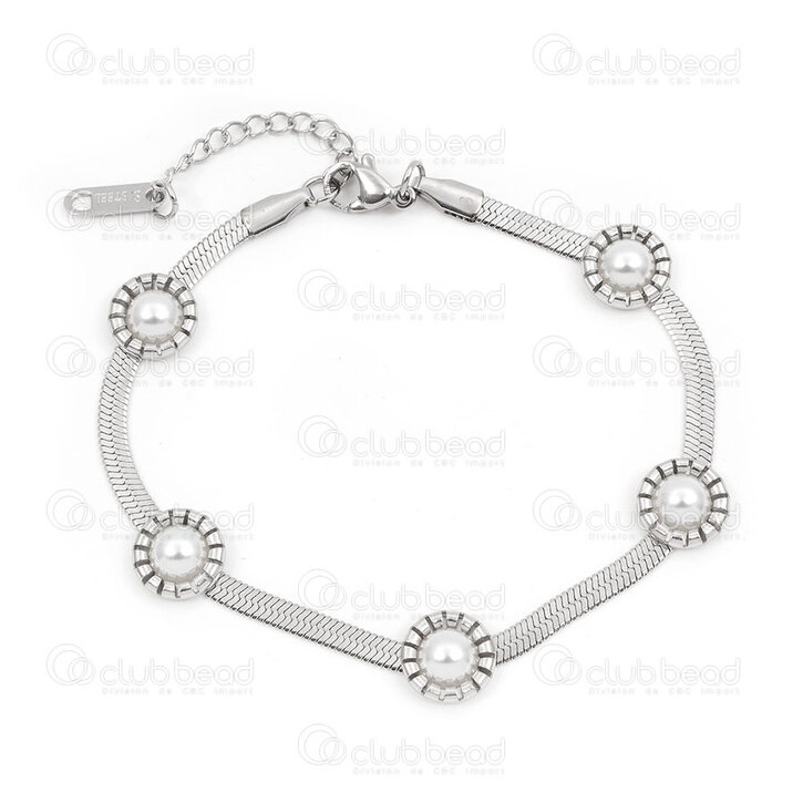 Stainless Steel Flat Snake Chain Bracelet with White Pearl 21cm