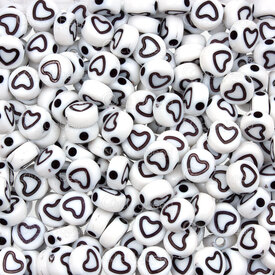 1103-0433 - Acrylic Bead Round 7x3.5mm White Base Black Heart 1.5mm hole 1 Bag 100gr (app pcs) 1103-0433,Beads,Plastic,montreal, quebec, canada, beads, wholesale