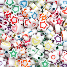1103-0481-MIX - Plastic Bead Assorted Star-Heart-Flower 8x8x4mm Mix Color Design on White Base 1.5mm hole 1 bag 100gr (approx. 230pcs) 1103-0481-MIX,Sac Plastique,montreal, quebec, canada, beads, wholesale