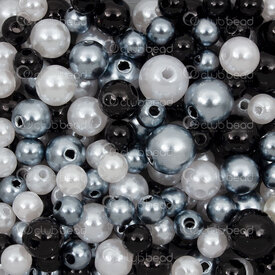 1103-0486-MIX1 - Acrylic Bead Round Assorted 6-10mm Pearl Black-Silver-White 1.2mm Hole 1 bag 100gr 1103-0486-MIX1,Perles argents,montreal, quebec, canada, beads, wholesale