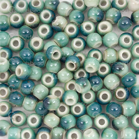 1105-0106-0621 - Kiln Burned ceramic bead round 6mm green base teal design 2mm hole 50pcs 1105-0106-0621,1105-0,montreal, quebec, canada, beads, wholesale