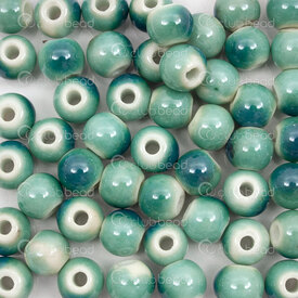 1105-0106-0821 - Kiln Burned ceramic bead round 8mm green base teal design 3mm hole 50pcs 1105-0106-0821,1105-01,montreal, quebec, canada, beads, wholesale