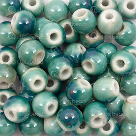 1105-0106-1021 - Kiln Burned ceramic bead round 10mm green base teal design 3mm hole 50pcs 1105-0106-1021,1105-01,montreal, quebec, canada, beads, wholesale