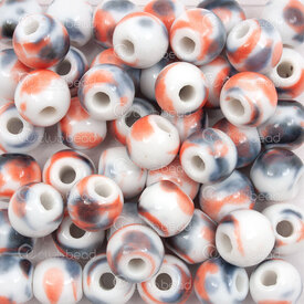 1105-0106-1095 - Kiln Burned ceramic bead round 10mm white base orange-blue design 3mm hole 50pcs 1105-0106-1095,1105-01,montreal, quebec, canada, beads, wholesale