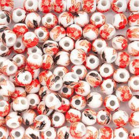 1105-0110-06191 - ceramic bead round 6mm dark red flower manual decals 50pcs 1105-0110-06191,céramique,montreal, quebec, canada, beads, wholesale