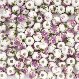 1105-0110-0631 - ceramic bead round 6mm dark mauve flower plum blossom decals 50pcs 1105-0110-0631,Bille fleur,montreal, quebec, canada, beads, wholesale