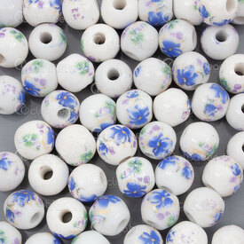 1105-0110-08261 - ceramic bead round 8mm cobalt blue flower manual decals Off White Base 50pcs 1105-0110-08261,Beads,Ceramic,montreal, quebec, canada, beads, wholesale