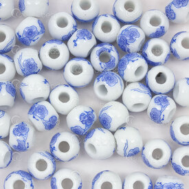 1105-0110-08263 - Céramique Bille Rond 8mm Bleu Pale Motif Fleur Trou 2.5mm 50pcs 1105-0110-08263,montreal, quebec, canada, beads, wholesale