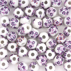 1105-0110-0831 - ceramic bead round 8mm Dark Purple flower White Base 50pcs 1105-0110-0831,1105-0110,montreal, quebec, canada, beads, wholesale