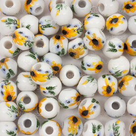 1105-0110-08S1 - Céramique Bille Rond 8mm Motif Tournesol Trou 2mm 50pcs 1105-0110-08S1,montreal, quebec, canada, beads, wholesale