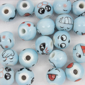 1105-0115-1203 - Ceramique Bille Rond 12mm Visage Emoticone Bleu 20pcs Trou 2mm 1105-0115-1203,emo,montreal, quebec, canada, beads, wholesale