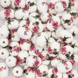 1105-0910-0831 - ceramic bead oval 10.5x8.5mm dark mauve flower manual decals 1.5mm hole 50pcs 1105-0910-0831,1105-0,montreal, quebec, canada, beads, wholesale