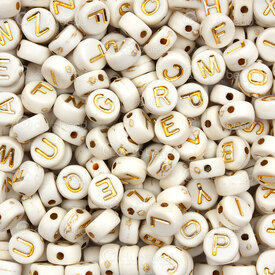 1106-9961-GL - Plastic Bead Rondelle Alphabet letters 7x4mm Gold Letter on White Base 1000pcs 1 bag 100gr 1106-9961-GL,Beads,Plastic,Letters and Numbers,montreal, quebec, canada, beads, wholesale