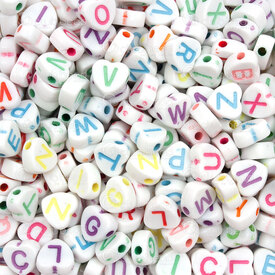1106-9963-WH - Plastic Bead Heart Alphabet letters 7x3.5mm Mix Color Letter on White Base 1.5mm hole (approx. 1000pcs) 1 bag 100gr 1106-9963-WH,montreal, quebec, canada, beads, wholesale