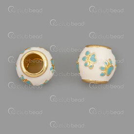 1111-5203-1001 - Metal Bille Baril 9.5x10.5mm avec Emaille Cloisonne Blanc-Turquoise Motif Patte Trou 4.5mm Or 5pcs 1111-5203-1001,billes en metal 7.5,montreal, quebec, canada, beads, wholesale