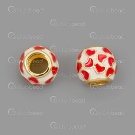 1111-5203-1401 - Metal Bille Baril 8.5x10mm avec Emaille Cloisonne Blanc-Rouge Motif Coeur Trou 4.5mm Or 5pcs 1111-5203-1401,emaille,montreal, quebec, canada, beads, wholesale
