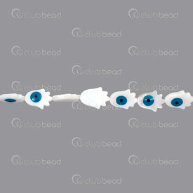 1114-0083-15 - Shell Bead Fatima Hand 15x11.5x3.5mm Evil Eye Design Natural-Blue 0.8mm Hole 15" String 1114-0083-15,Beads,Shell,Lake shell,montreal, quebec, canada, beads, wholesale
