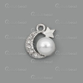 1190-5125 - Metal Breloque Lune et Etoile 15.5x16.5mm avec Imitation Perle 10mm Blanc et Pierre du Rhin Nickel 10pcs 1190-5125,montreal, quebec, canada, beads, wholesale