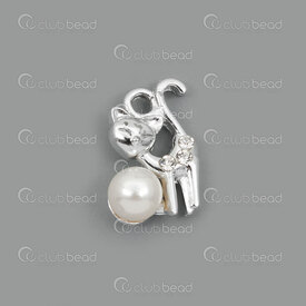 1190-5129 - Metal Charm Cat 18.5x13mm with imitation pearl 7mm white and rhinestone Nickel 10pcs 1190-5129,Charms,montreal, quebec, canada, beads, wholesale