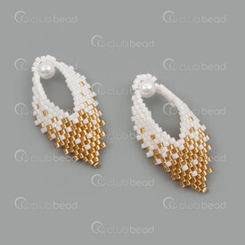 1411-2001 - Miyuki Pendant Russian Leaf White AB-Gold 35x20x2mm with White Pearl and loop 2pcs 1411-2001,Weaving,perle pendentif,montreal, quebec, canada, beads, wholesale
