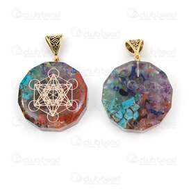 1413-1611-01 - Spiritual Natural Semi Precious Stone Pendant Orgone Metatron Cube Design Faceted Round 40x36x12mm with Stone Chips in Resin and Bail Gold 2pcs 1413-1611-01,R,montreal, quebec, canada, beads, wholesale