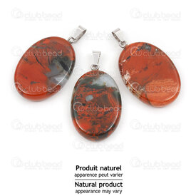 1413-1623-3801 - Natural Semi Precious Stone Pendant Oval (approx. 38x25x6mm) Red JAsper with Metal Bail 1pc !Limited Quantity! 1413-1623-3801,pierre Jaspe rouge,montreal, quebec, canada, beads, wholesale