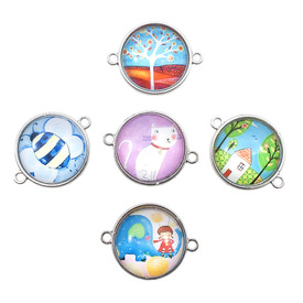 1413-2107-WH - Metal Link With Picture and Glass Cabochon Round 2 Loops 22MM Nickel Childhood Theme (pictures may vary) 5pcs 1413-2107-WH,montreal, quebec, canada, beads, wholesale