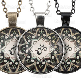 1413-2307-21 - Metal Yoga Pendant Round 28MM With Chain Assorted Coating, Nickel or Antique Brass or Black With glass cabochon Om 1pc 1413-2307-21,Pendants,28MM,Pendant,Yoga,Metal,Metal,28MM,Round,Round,With Chain,Nickel,With glass cabochon,Om,montreal, quebec, canada, beads, wholesale