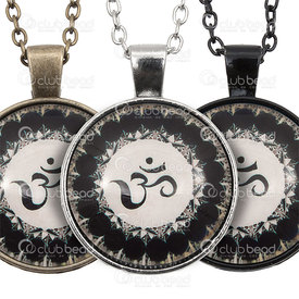 1413-2307-25 - Metal Yoga Pendant Round 28MM With Chain Assorted Coating, Nickel or Antique Brass or Black With glass cabochon Om 1pc 1413-2307-25,Clearance by Category,Others,Pendant,Yoga,Metal,Metal,28MM,Round,Round,With Chain,Nickel,With glass cabochon,Om,montreal, quebec, canada, beads, wholesale