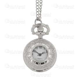 1500-1002-007 - Pocket Watch 25MM Round Nickel White Font with Fancy Flower Design and Chain 1pc !BATTERY NOT INCLUDED! 1500-1002-007,montreal, quebec, canada, beads, wholesale