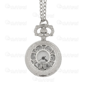 1500-1002-009 - Pocket Watch 25MM Round Nickel White Font with Fancy Daisy Design and Chaîn 1pc !BATTERY NOT INCLUDED! 1500-1002-009,montreal, quebec, canada, beads, wholesale