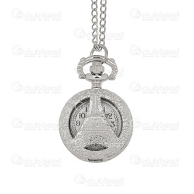 1500-1002-011 - Pocket Watch 25MM Round Nickel White Font with Fancy Eiffel Tour Design and Chaîn 1pc !BATTERY NOT INCLUDED! 1500-1002-011,montreal, quebec, canada, beads, wholesale