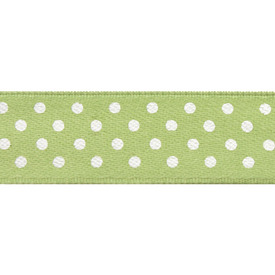 *1610-1011-05 - Silk Ribbon 5/8'' (1.59cm) White Polka Dots Green 25 Yards *1610-1011-05,montreal, quebec, canada, beads, wholesale