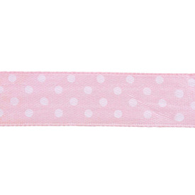 *1610-1011-07 - Silk Ribbon 5/8'' (1.59cm) White Polka Dots Pink 25 Yards *1610-1011-07,montreal, quebec, canada, beads, wholesale