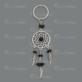 1706-0312-01 - Metal Key Ring 25mm Dreamcatcher 28mm Black Onyx Chips Natural 1pc 1706-0312-01,anneaux noir,montreal, quebec, canada, beads, wholesale