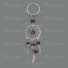 1706-0312-05 - Metal Key Ring 25mm Dreamcatcher 28mm Amethyst Chips Natural 1pc 1706-0312-05,porte-cle,montreal, quebec, canada, beads, wholesale
