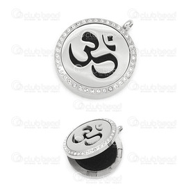 1720-2000-009 - Stainless Steel 304 Pendant Essential Oil Diffuser Locket Round Om Sign 30mm With Rhinestones Natural With Essential Oil Pad 1pcs 1720-2000-009,Pendants,30MM,Round,Pendant,Essential Oil Diffuser Locket,Metal,Stainless Steel 304,30MM,Round,Round,Om Sign,Grey,Natural,With Rhinestones,montreal, quebec, canada, beads, wholesale