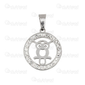 1720-2010-11 - Animal Stainless Steel Pendant Owl 20mm Round with rhinestone Natural 1pc 1720-2010-11,Pendants,Stainless Steel,montreal, quebec, canada, beads, wholesale