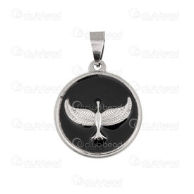 1720-2010-17 - Animal Stainless steel Pendant Bird Round 25mm Black Filling with Bail Natural 1pc 1720-2010-17,Pendants,montreal, quebec, canada, beads, wholesale