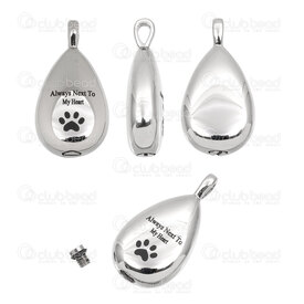 1720-2010-37 - Animal Stainless Steel Pendant Urn Drop 31x16x8mm Paw Design Inscription "Always Next To My Heart" with Bail Natural 1pc 1720-2010-37,Pendants,Lockets,montreal, quebec, canada, beads, wholesale