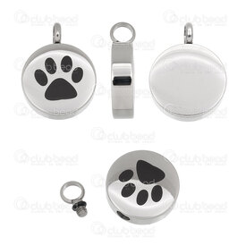 1720-2010-39 - Animal Stainless Steel Pendant Urn Round 26x19.5x7mm Paw Design with Bail Natural 1pc 1720-2010-39,Pendants,Lockets,Urns,montreal, quebec, canada, beads, wholesale