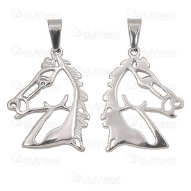 1720-2010-49 - Animal Stainless Steel Pendant Horse Head 34x27x3.5mm Hollow with Bail Natural 1pc 1720-2010-49,Che,montreal, quebec, canada, beads, wholesale