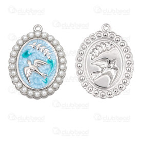 1720-2010-77 - Animal Acier Inoxydable 304 Pendentif Oval 25.5x20x3mm Motif Oiseau avec Emaille Bleu et Bordure Perle Acrylique Blanc avec Boucle Naturel 4pcs 1720-2010-77,perl,montreal, quebec, canada, beads, wholesale