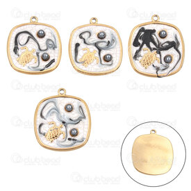 1720-2010-77GL - Animal Stainless Steel 304 Pendant Square 23x20.5x2mm Turtle Design with White-Black Enamel and Grey Acrylic Pearl with Loop Gold Plated 4pcs 1720-2010-77GL,montreal, quebec, canada, beads, wholesale