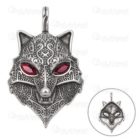 1720-2010-811 - Animal Stainless Steel 304 Pendant Wolf Head 59x36.5x11.5mm with Red Rhinestone and Loop Natural 1pc 1720-2010-811,rex,montreal, quebec, canada, beads, wholesale