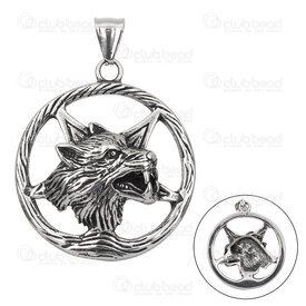1720-2010-83 - Animal Stainliess Steel 304 Pendant Wolf Head Round 42.5x34x7.5mm with Bail Natural 1pc 1720-2010-83,inoxydable,montreal, quebec, canada, beads, wholesale