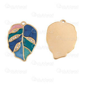 1720-2011-091GL - Nature Stainless Steel 304 Pendant Leaf 21.5x16x2mm Blue-Green Filling with Crystal Rhinestone and Loop 1.5mm Gold Plated 4pcs 1720-2011-091GL,FEUILLE,montreal, quebec, canada, beads, wholesale