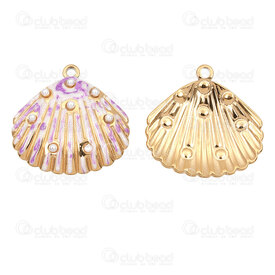 1720-2011-211GL - Nature Stainless Steel 304 Pendant Shell 28.5x29x4mm with White-Purple Enamel and White Acrylic Pearl with Loop Gold Plated 4pcs 1720-2011-211GL,montreal, quebec, canada, beads, wholesale