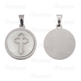 1720-2012-101 - Spiritual Stainless Steel Pendant Round Cross 24x21.5x3.5mm with Shell and Bail Natural 1pc 1720-2012-101,nacre,montreal, quebec, canada, beads, wholesale