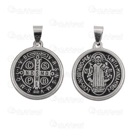 1720-2012-103 - Spiritual Stainless Steel Pendant Round Saint-Benedict 29x25.5x3mm Black Filling with Bail Natural 1pc 1720-2012-103,1720-20,montreal, quebec, canada, beads, wholesale